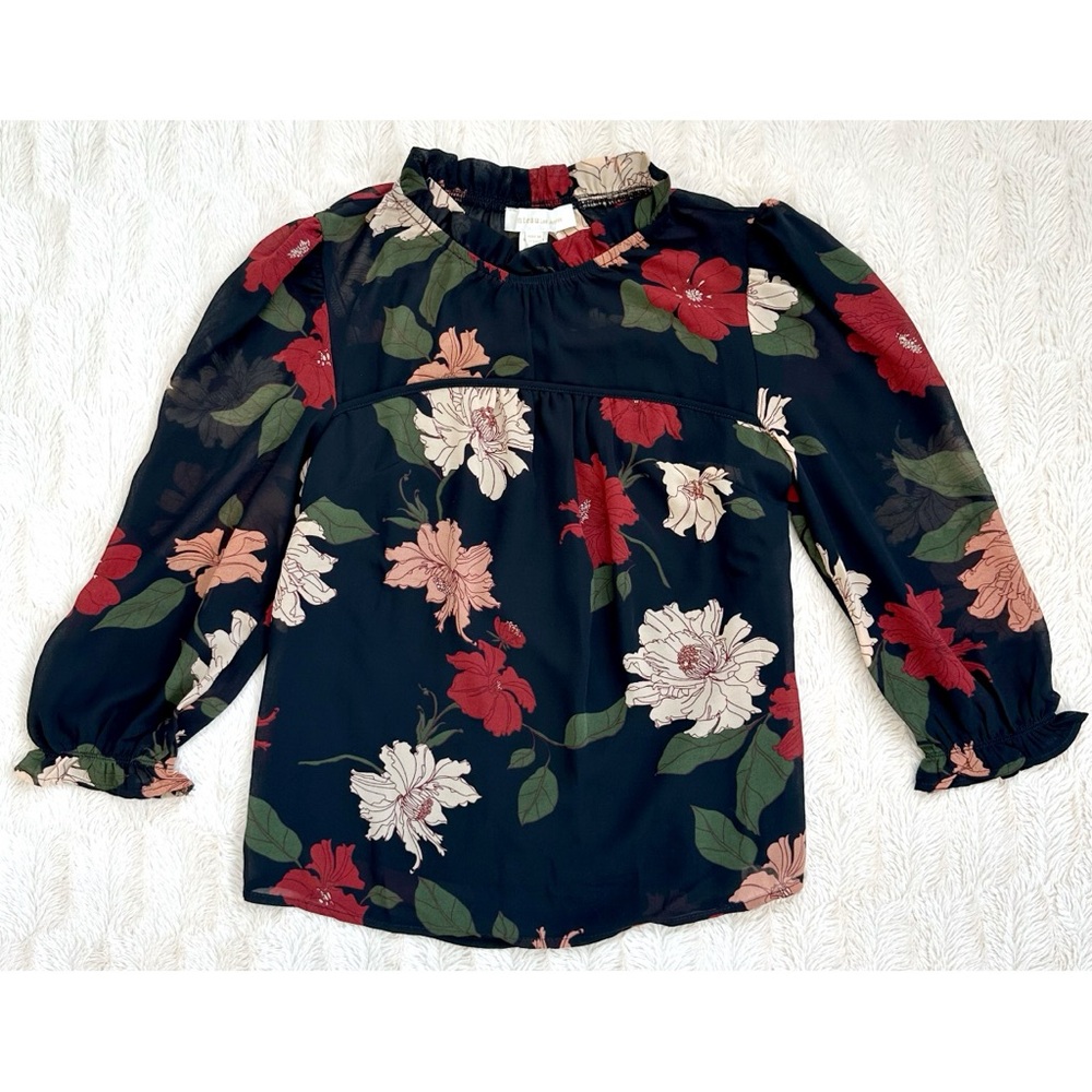 Monteau Black Floral 3/4 Length Sleeves Semi Sheer Blouse